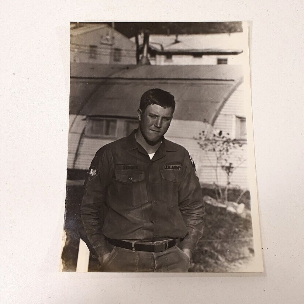 1960s US Army Specialist Stoops at Base in Korea Candid Photo 6.5x4.75"
